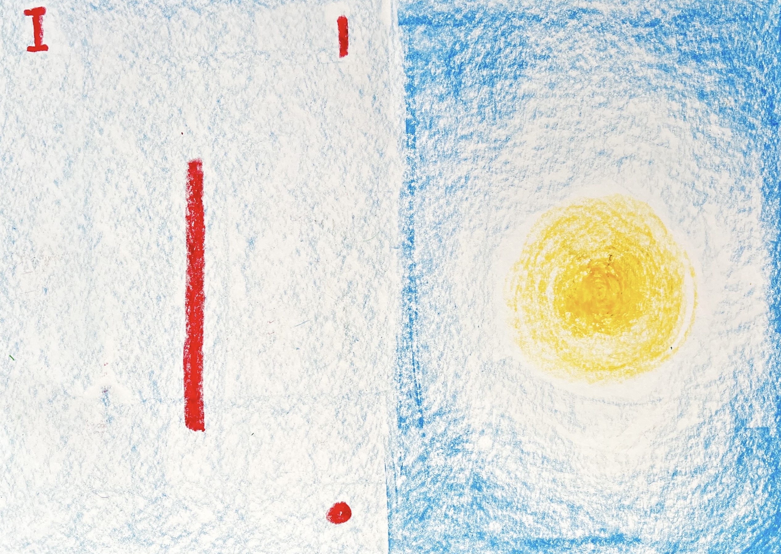 Step-by-step Waldorf drawing of a golden sun representing the number 1