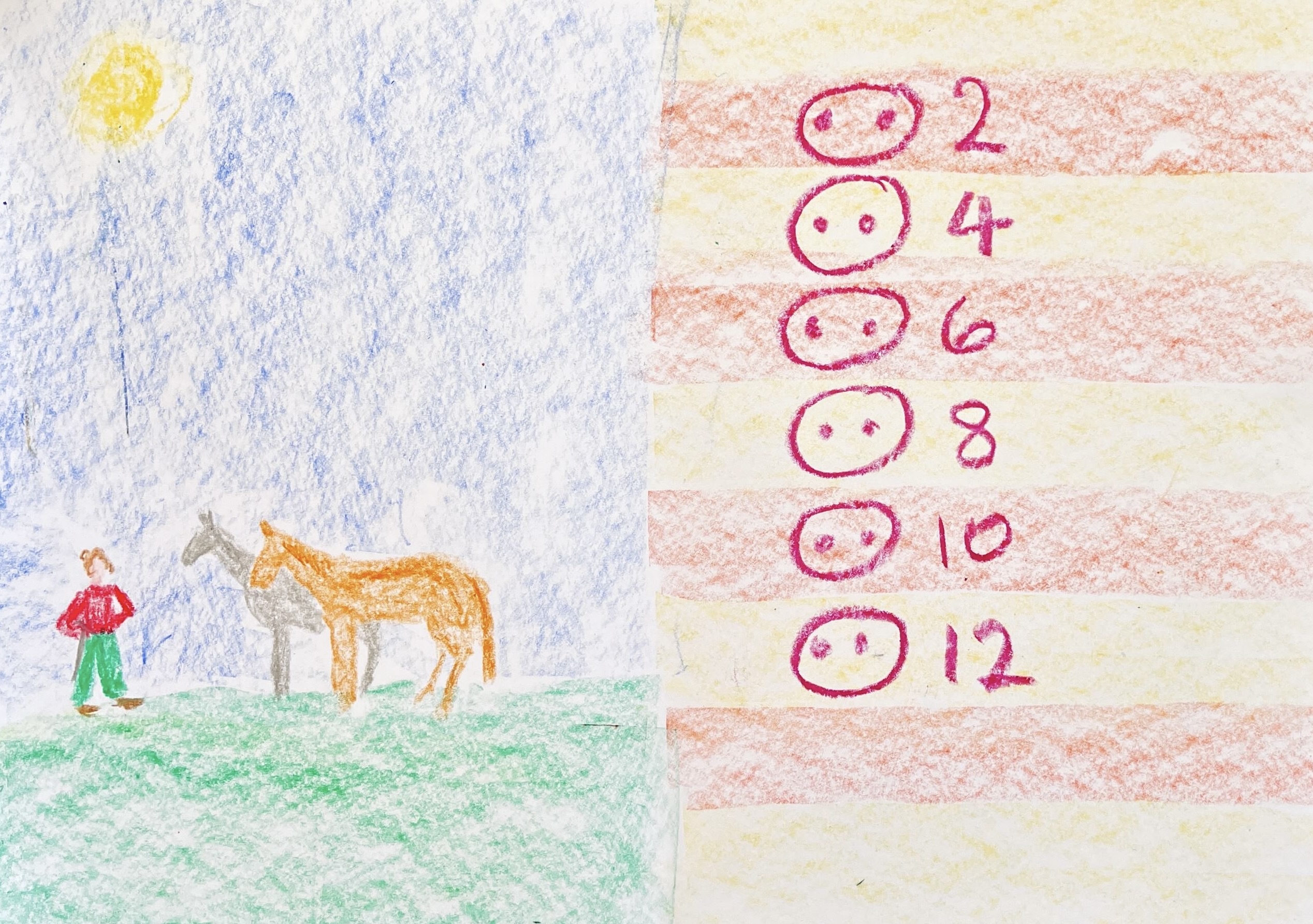 A Waldorf drawing showing the knight and the visual pattern of skip counting by 2s.