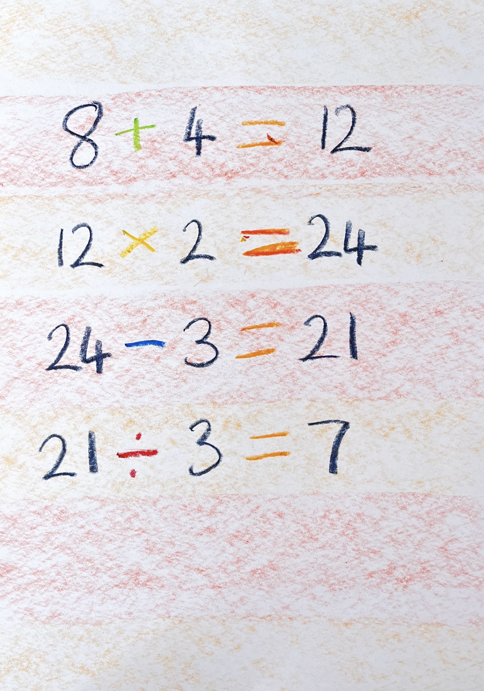 A Waldorf illustration of King Counting and the beautifully color-coded number sentences.