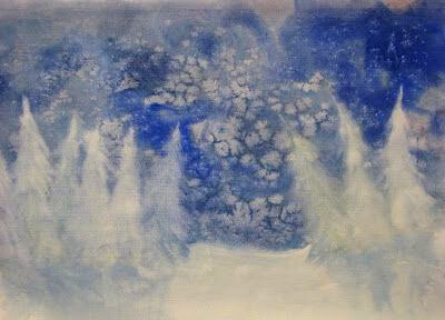 A wet-on-wet watercolour painting of a snowy forest at night in deep blue and white