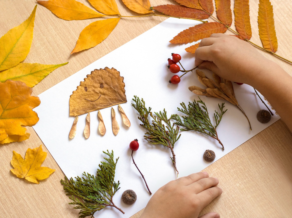 Small hands arranging autumn leaves, berries, and evergreen into a seasonal craft