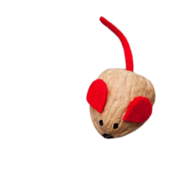 Walnut shell mouse with red felt ears, a felt tail, and painted eyes